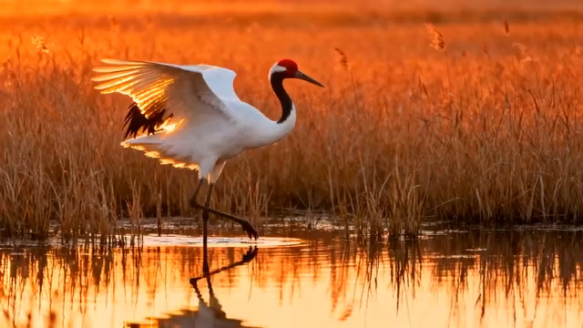  夕阳下的丹顶鹤展翅1978#横屏 	 