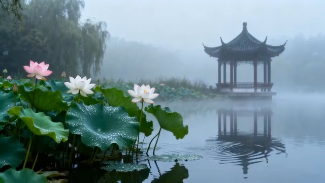  雾中荷塘古亭1970#横屏 	 