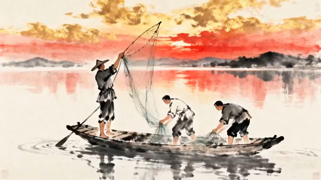  水墨渔船撒网作业1861#横屏 	 