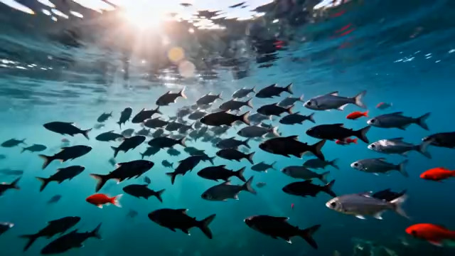  水下鱼群阳光照射镜头1866#横屏 	 -