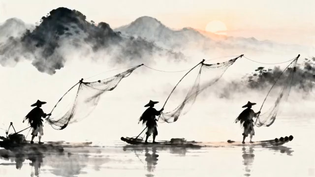  水墨意境渔舟晚1860#横屏 	 -