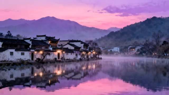  水乡暮色粉紫晚霞1867#横屏 	 