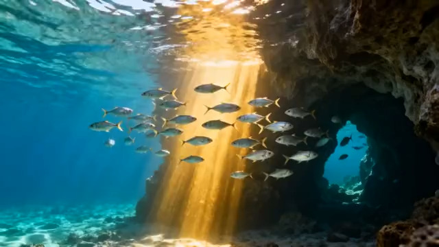  水下洞穴阳光与鱼群1863#横屏 	 