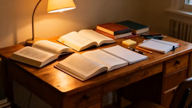  台灯下的书桌与翻开的书1873#横屏 	 