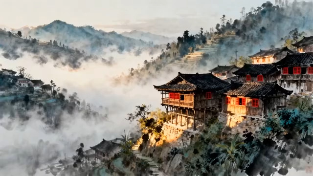  水墨山村民居晨雾1856#横屏 	 -