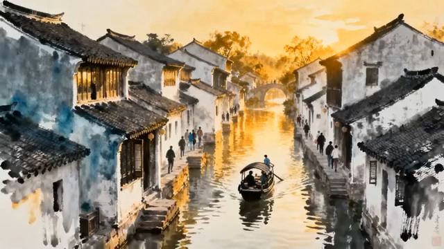  水墨江南古镇暮色1850#横屏 	 
