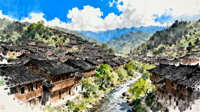  水墨画风格古村落全景1849#横屏 	 -