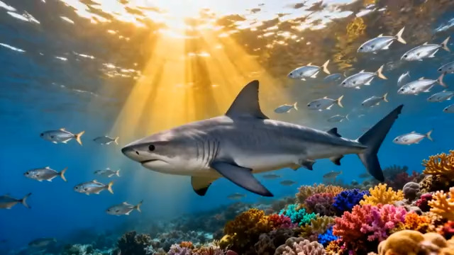  深海鲨鱼游弋五彩珊瑚礁1754#横屏 	 