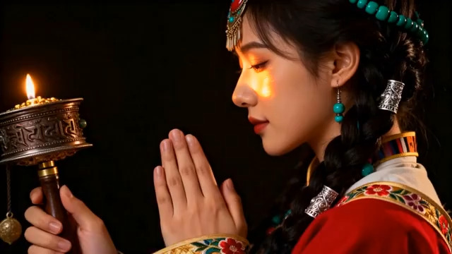  少女手持转经筒祈祷1738#横屏 	 -