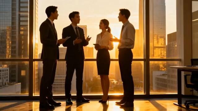  商务团队黄昏洽谈剪影1715#横屏 	 