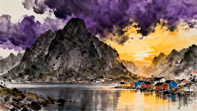  山水小镇晚霞风光1683#横屏 	 