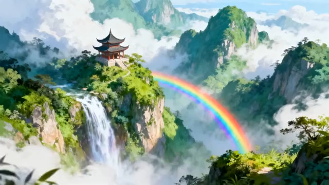  山水瀑布彩虹风景1680#横屏 	 