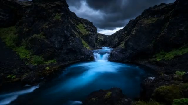  山间溪流瀑布延时摄影1671#横屏 	 