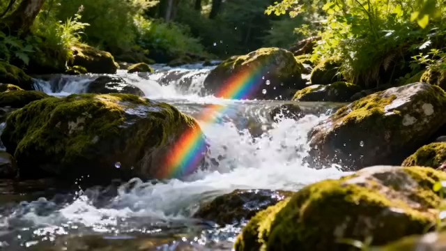  山间溪流彩虹瀑布1670#横屏 	 -