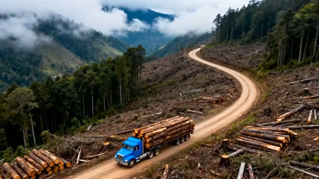  山林伐木运输卡车航拍1674#横屏 	 