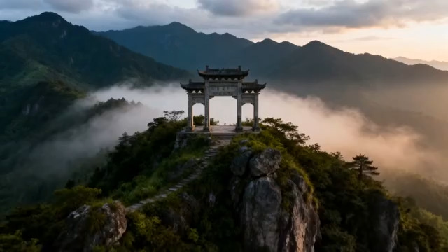  山间云雾中的古牌坊1672#横屏 	 