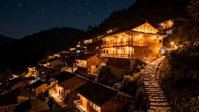  山间苗寨夜景灯光1664#横屏 	 