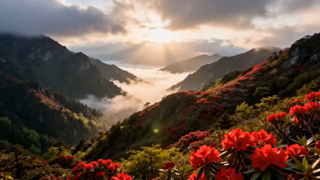  山间杜鹃云海日出1663#横屏 	 