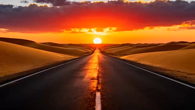  沙漠公路日落景观1590#横屏 	 -