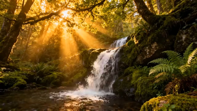  森林瀑布阳光光束1579#横屏 	 