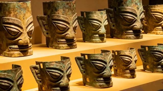  三星堆青铜面具陈列1562#横屏 	 