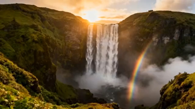  日落彩虹瀑布壮丽景色1524#横屏 	 