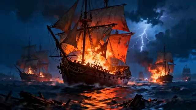  燃烧的古代帆船海战1503#横屏 	 