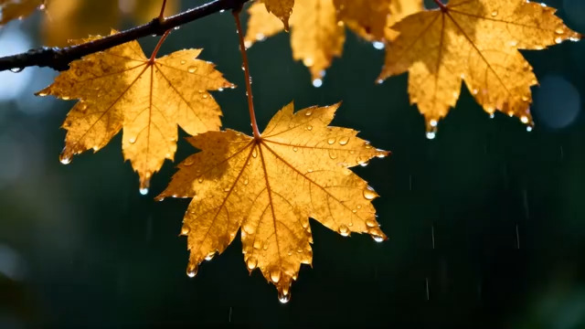  秋雨滴落金黄枫叶1499#横屏 	 -