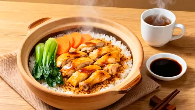  热气腾腾的鸡肉煲仔饭1514#横屏 	 