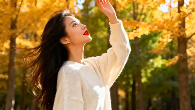  秋日林中微笑的女子1486#横屏 	 