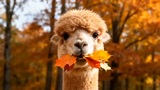  秋日羊驼含枫叶特写1494#横屏 	 