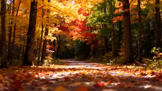  秋日林间小路落叶美景1485#横屏 	 