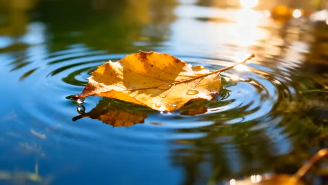  秋叶浮水涟漪特写1498#横屏 	 