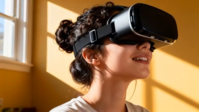  女子体验VR眼镜微笑1399#横屏 	 -