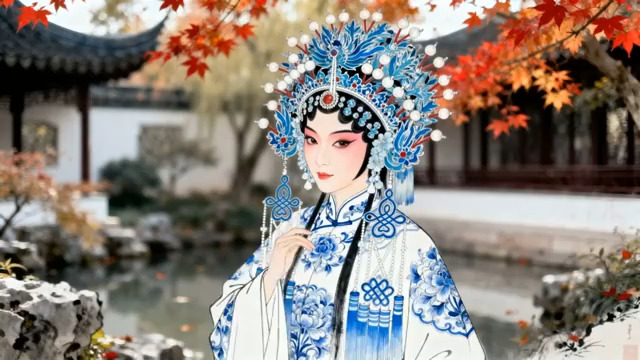  青花瓷京剧美人游园1450#横屏 	 