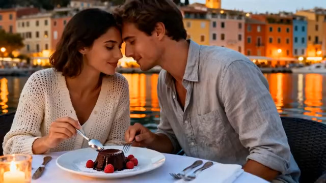  情侣海边烛光晚餐喂蛋糕1467#横屏 	 