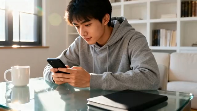  青年男子玩手机微笑1452#横屏 	 -