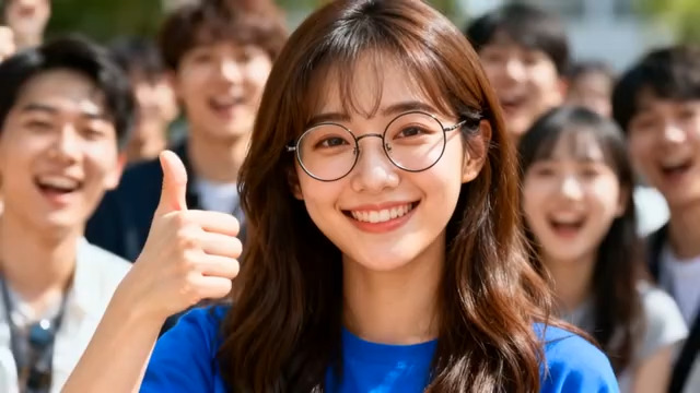  青春笑脸学生竖大拇指1447#横屏 	 