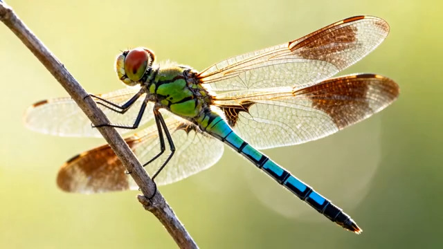  绿蜻蜓停驻枝头特写1274#横屏 	 