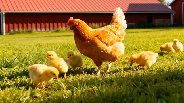  母鸡带小鸡在草地觅食1344#横屏 	 