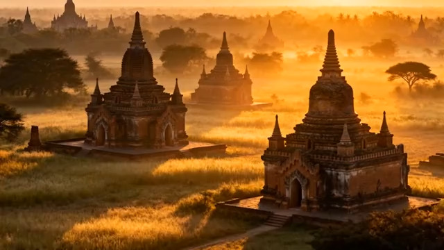  缅甸蒲甘日出佛塔群1330#横屏 	 