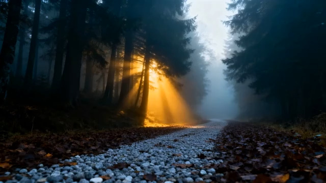  林间雾中石子路光影1262#横屏 	 