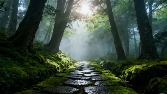  林间僧侣背影 晨光雾霭1260#横屏 	 