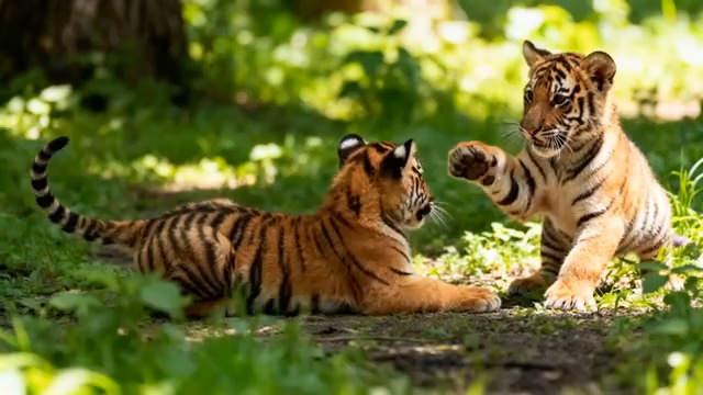  两只小老虎玩耍嬉戏1253#横屏 	 