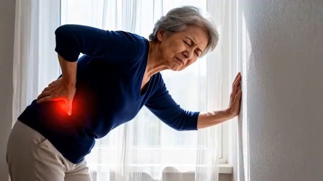  老人腰疼扶墙痛苦表情1242#横屏 	 