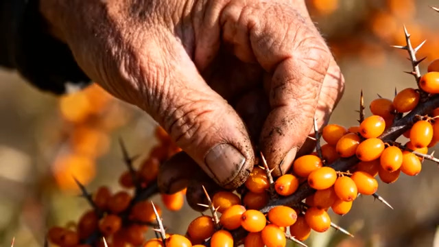  老人采摘沙棘特写1232#横屏 	 