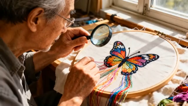  老人专注刺绣蝴蝶图案1243#横屏 	 