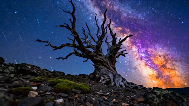  枯树与绚烂银河夜景1147#横屏 	 -