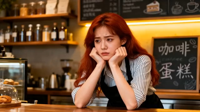  咖啡馆发呆的红头发女生1087#横屏 	 