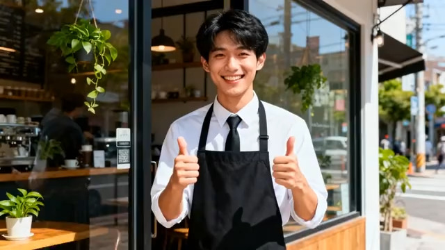  咖啡店店员竖大拇指1085#横屏 	 